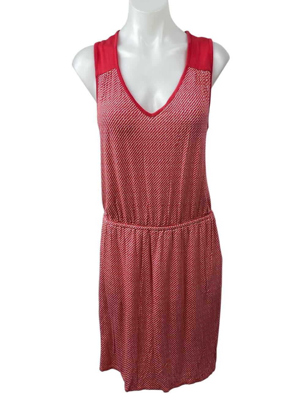 Anthropologie Deletta Red Knit Chevron Sleeveless V Neck Midi Blouson Dress Sz M